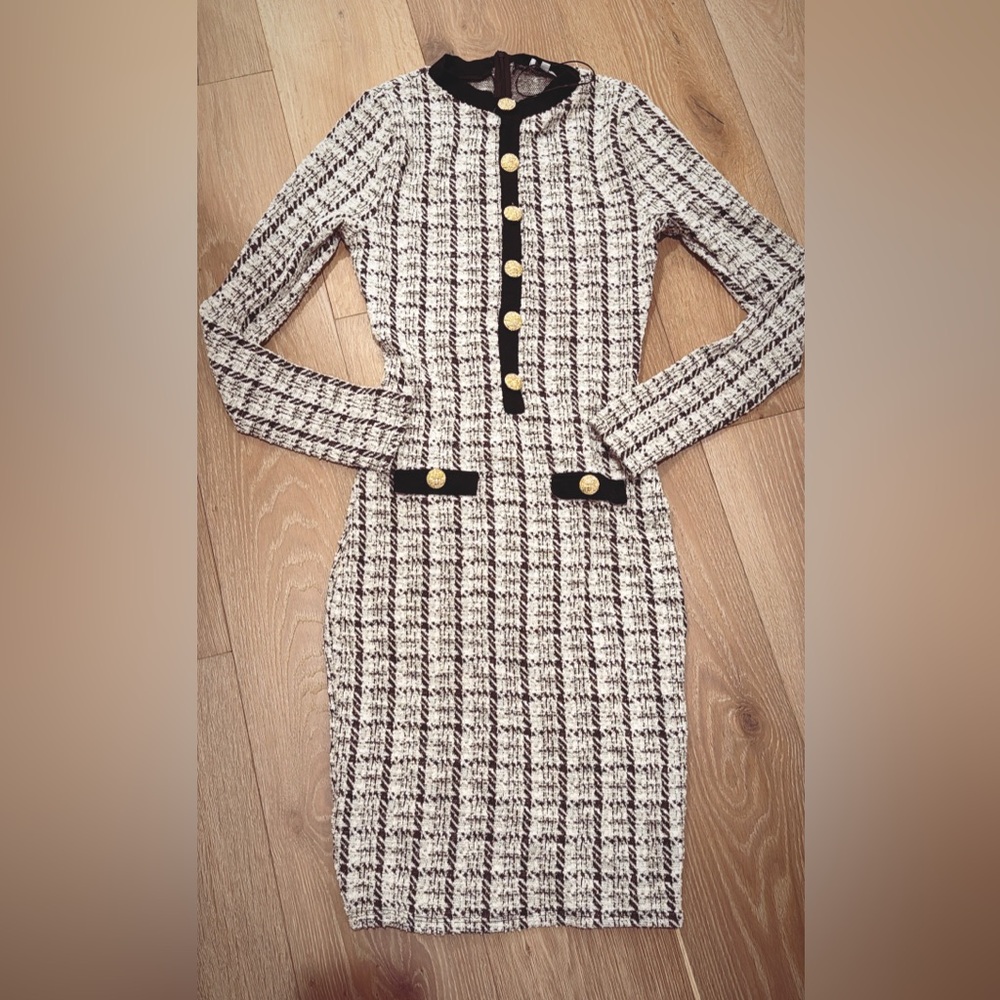 Fashion Nova Black & Cream Tweed Long Sleeve Bodycon Dress